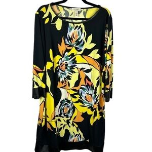 Dressbarn Floral Long Sleeves Pleather Bands Shift Dress Size 18 Black Yellow